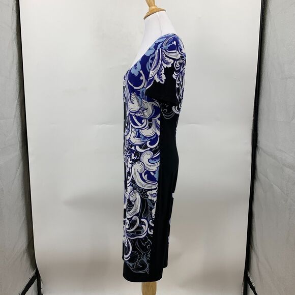 Boston Proper Feather Scroll Sheath Dress Women 10 Black Blue Scoop Neck Stretch - Picture 5 of 12